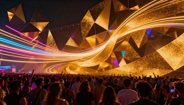 Cheering crowd facing giant geometric stage with neon light trails festival spectacle