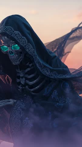 Hooded Skeleton Perching on Cliff at Dusk with Glowing Eyes and Violet Mist Vertical Video