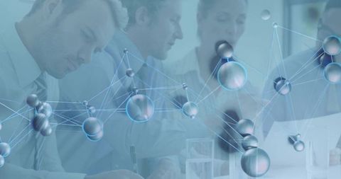 Collaborating business professionals with digital data overlay