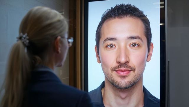 Woman observing large digital headshot display in corporate lobby