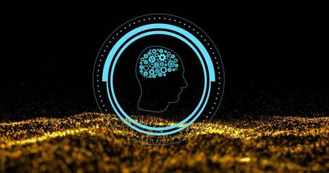 Floating ai brain hud glowing above golden data wave, representing digital cognition