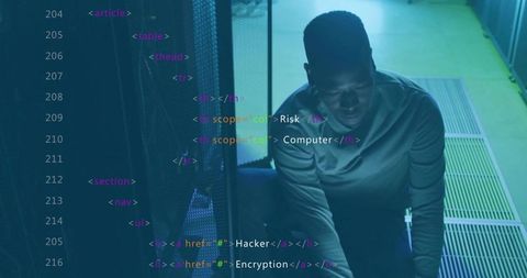 IT Technician Assessing Server Rack with HTML Code Overlay