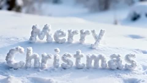 Merry Christmas spelling out in snow letters on sunlit winter slope with falling snow