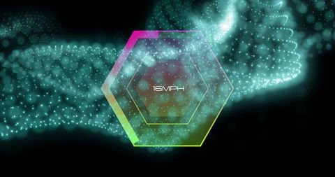 Futuristic digital hexagon with speed indicator in particle field