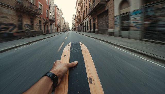 Urban nostalgia longboard ride through empty city streets