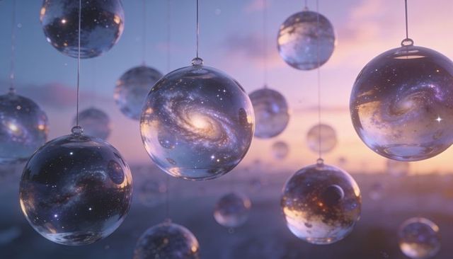 Hanging glass spheres containing miniature galaxies at twilight