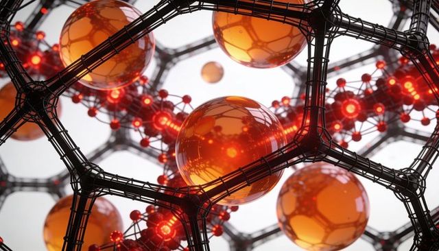 Glowing amber spheres floating inside geometric black lattice with red luminescent nodes