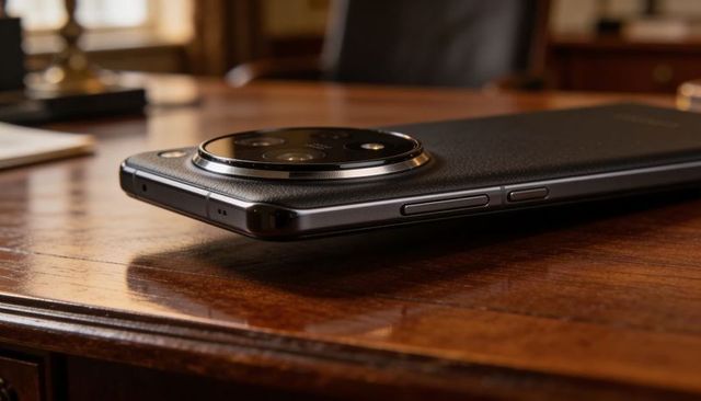Smartphone resting on polished wood desk showing circular multilens camera bump and leather back