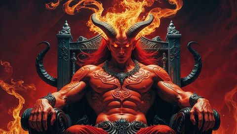Satan in fiery throne room with ornate torso patterns