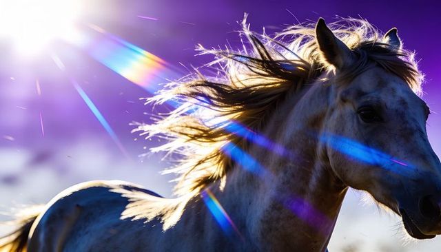 Galloping dapple-gray horse flowing mane glowing from sun backlighting and lens flares