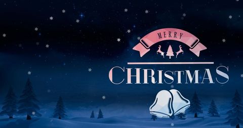 Merry Christmas Text with Snowfall on Winter Night Background