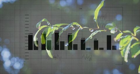 Wet leaf branch with dew and bar chart overlay, bokeh background, eco data visualization