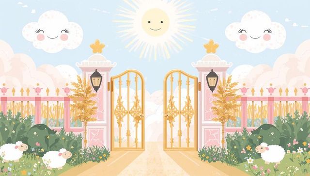 Whimsical Scene with Golden Gates and Playful Skies
