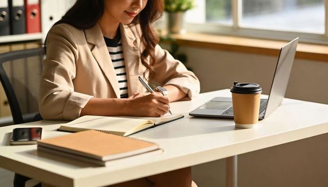 Professional woman writing at minimalist office desk with laptop, coffee by sunlit window