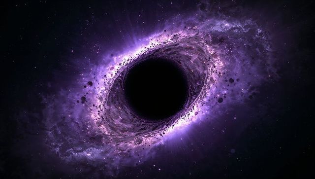 Vivid black hole with radiant purple accretion disk in deep space