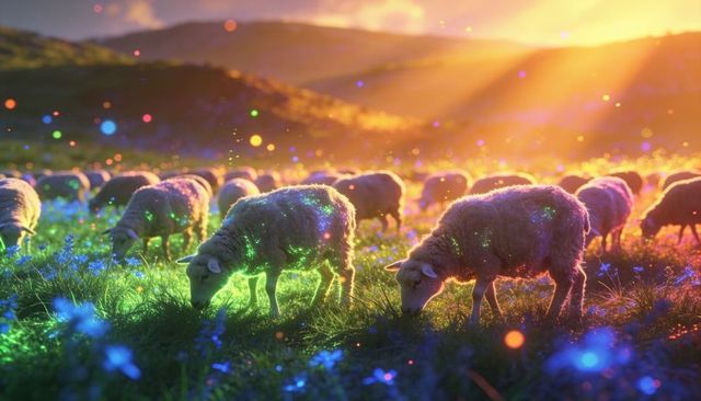 Grazing sheep flock with glowing wool bathing in golden sunset over wildflower meadow
