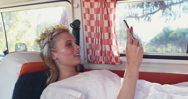 Woman Relaxing in Van and Using Smartphone - Download Free Stock Images Pikwizard.com