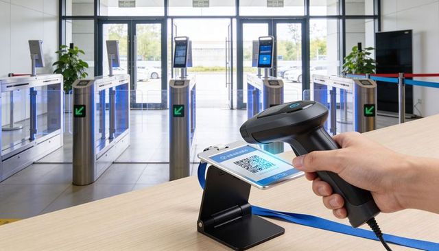 Scanning phone qr code at smart lobby entrance with barcode scanner and turnstiles