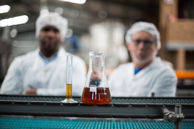 Samples of drinks on production line and two factory engineers standing in background