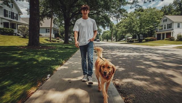 Teen outdoors with dog on suburban street