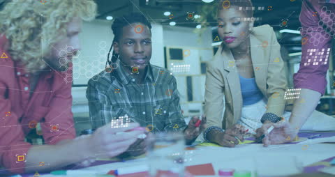 Diverse Team Collaborating in Office with Digital Overlay