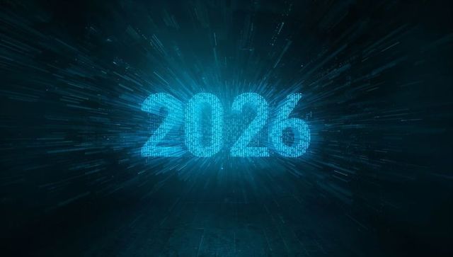 2026 Forming from Binary Digits with Neon Cyber Burst, Futuristic Holographic Countdown