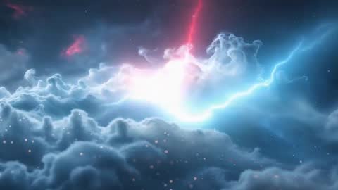 Surreal Azure Lightning and Scarlet Beam Over Celestial Clouds