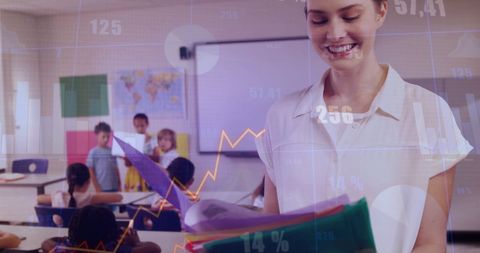 Imagery showing a teacher in a classroom with financial graphs symbolizes the integration of technology and data-driven learning in education. Students are in the background assisting collaborative and interactive pedagogy, potentially presenting the importance of analytics in academic settings. Ideal for use in publications related to educational technology, digital transformation in schools, and the role of data in teaching methodologies.