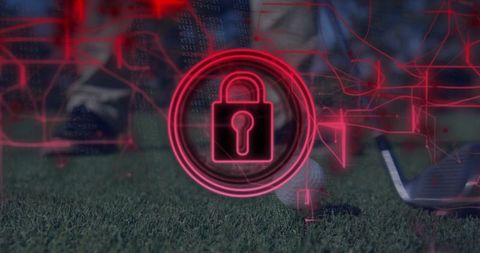 Digital Security Concept with Red Lock and Cyber Elements on Golf Course
