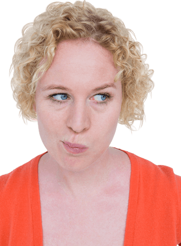 Blonde woman grimacing against transparent background