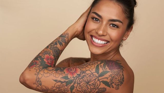 Smiling woman lifting arm showing colorful floral tattoo sleeve closeup portrait