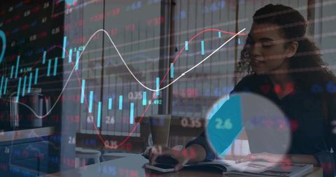 Woman Analyzing Financial Data at Cafe with Charts Overlay