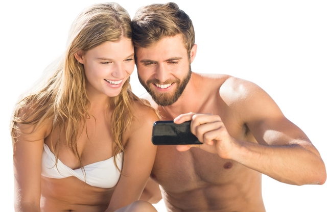 Happy Caucasian Couple Relaxing and Embracing Modern Gadgets Over Transparent Background - Download Free Stock Videos Pikwizard.com