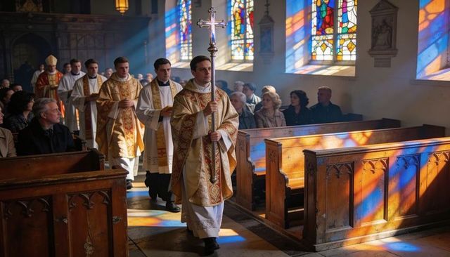 Clergy leading procession down sunlit nave in gold vestments holding processional cross