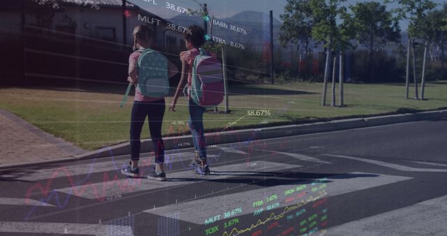 Stock market data processing against two diverse school girls crossing the street. School, education and global economy concept