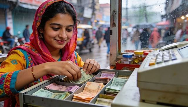 Smiling market vendor counting colorful banknotes at rainy street kiosk cash drawer
