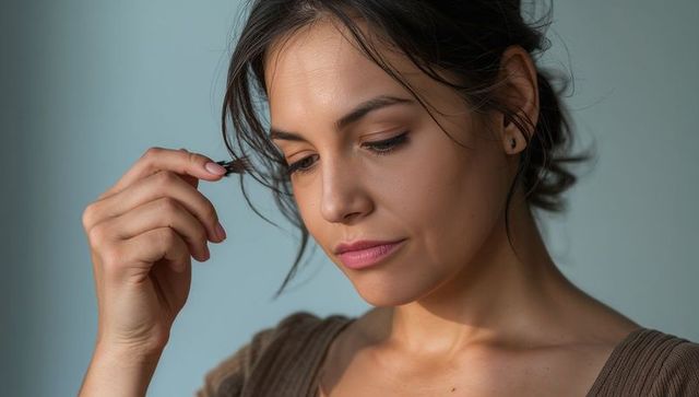 Contemplative woman touching hair, close-up portrait in brown ribbed top, soft light