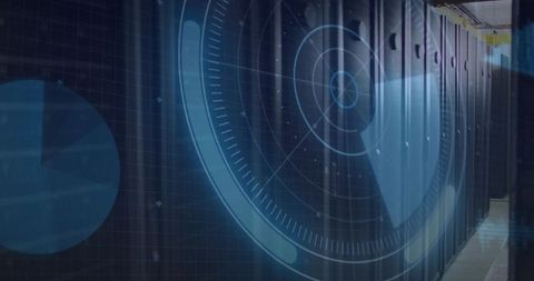 Futuristic data center rack corridor with digital hud overlay for cybersecurity