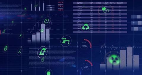 Futuristic navy-blue HUD presenting vertical bar charts, line graphs, gauges, neon green icons
