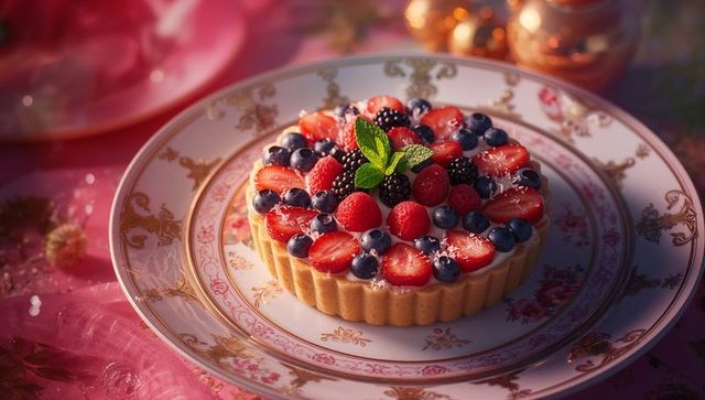 Elegant Fruit Tart Display on Ornate Plate with Berries and Mint