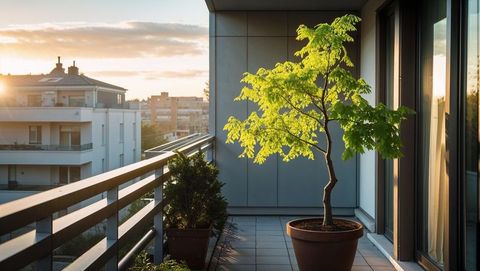 Sunlit potted tree on urban balcony at sunrise