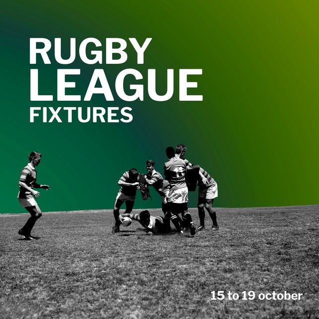 Rugby League Fixtures Announcement with Players on Green Background - Download Free Stock Templates Pikwizard.com