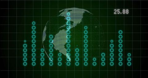 Global analytics dashboard featuring translucent earth globe with neon cyan histogram grid