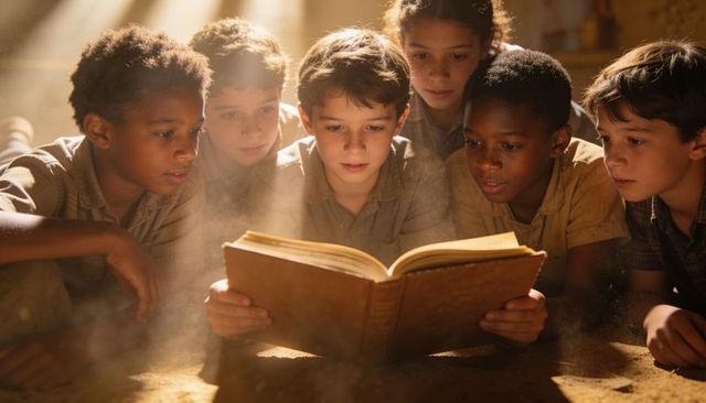Children reading worn book in dusty sunlight, cozy vintage storytelling moment