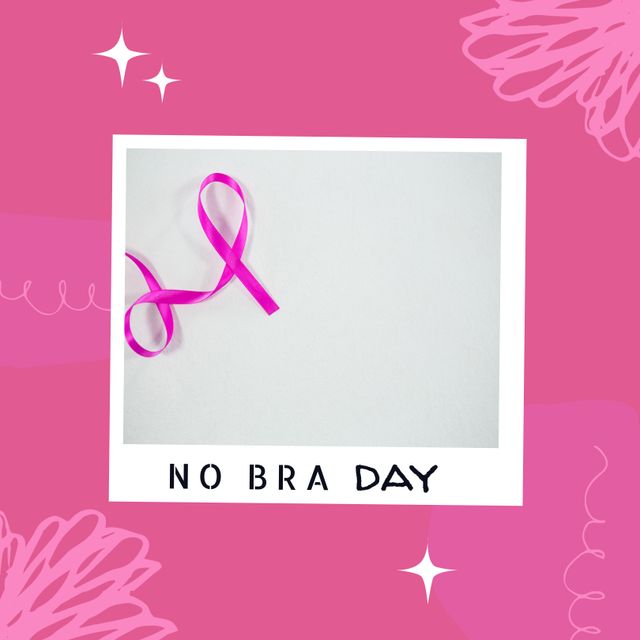 Pink ribbon symbolizing breast cancer awareness on minimalist background with No Bra Day message. Perfect for health campaigns, promotional materials, social media posts for raising awareness, educational content about breast cancer, and wellness events.