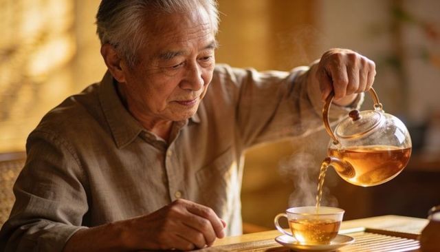 Senior asian man pouring tea from glass teapot into porcelain cup in sunlit cozy ritual