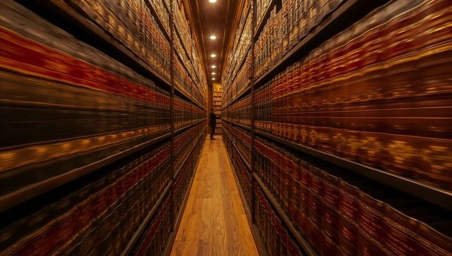 Walking visitor browsing gilded leather-bound volumes in narrow historic library aisle