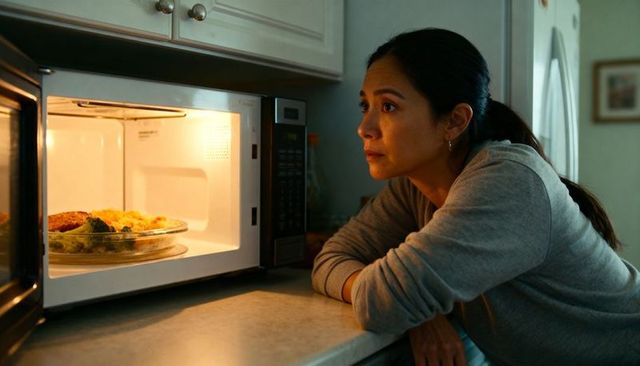 Woman watching microwave meal, leaning on counter, monitoring dinner in kitchen