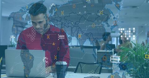 Multi-Tasking Office Worker Beneath World Map Overlay