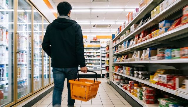 Urban shopper walking down supermarket aisle carrying orange basket in hooded jacket